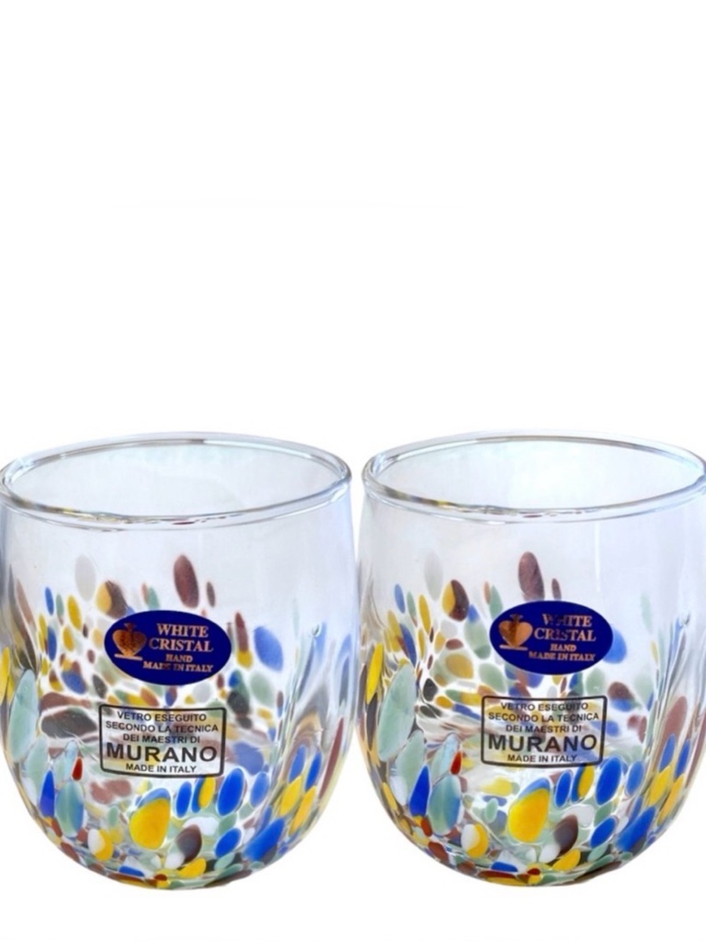 Set Of 2 Confetti White Cristal Murano Stemless Wine Glasses 14 oz Made In Italy